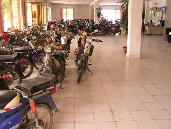 Motorcycles in a hotel lobby