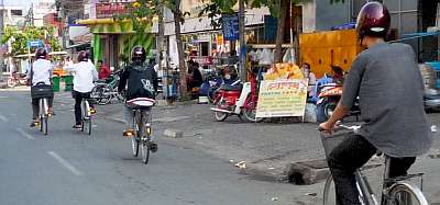 Riders with bike helmets